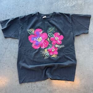 Vintage Y2k Black Pink Floral Preppy Grunge Single Stitch Graphic Tee Women's L